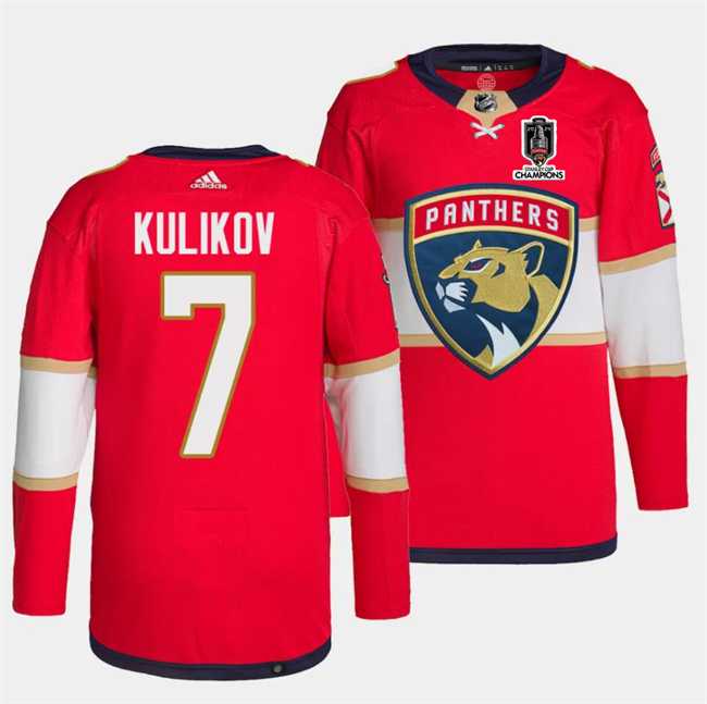 Mens Florida Panthers #7 Dmitry Kulikov Red Home 2024 Stanley Cup Champions Stitched Jersey Dzhi